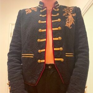 FREE PEOPLE black, red, gold military jacket